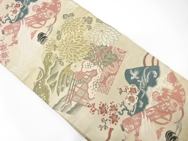 アンティーク　鶴に巻物・菊梅模様織出し丸帯（材料）